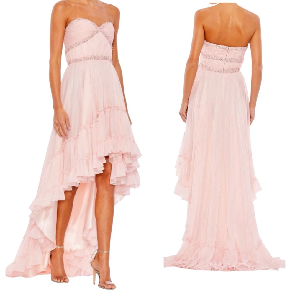 Mac Duggal Pink Beaded Ruffle High Low Gown Size 6